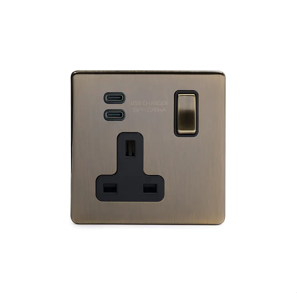 Antique Brass 1 Gang USB C+C Socket (13A Socket + 2 USB C 3.1A Ports)