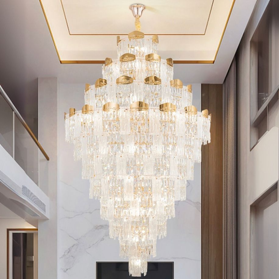 $690 Chandelier Light with Enclosure, Chain & Adjustable Height, Surrounding Rectilinear Clear Rock Crystal Shade