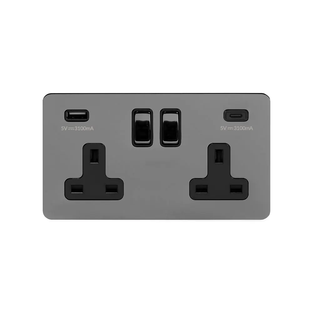 The Connaught Collection Black Nickel Flat Plate 2 Gang USB A + C Socket (13A Socket + 2 USB Ports A+C 3.1A) Blk Ins Screwless